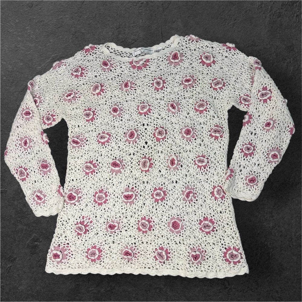 VTG Maggie Lawrence Crochet Sweater  Womens L Floral Cottage Coquette Romantic